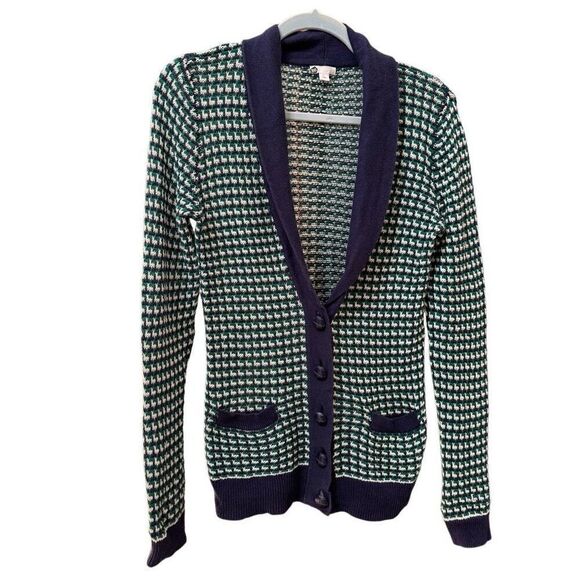 BP (L) woven cotton waffle cardigan sweater button down, navy and green, large - Picture 1 of 7